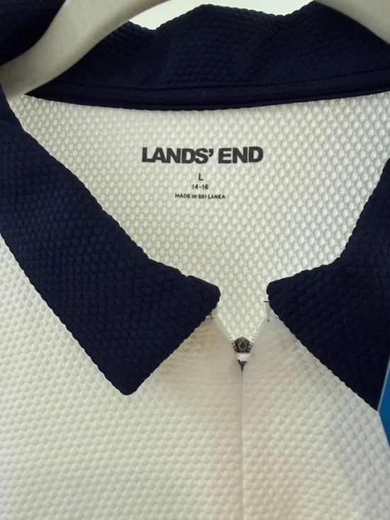 Lands' End White Short Sleeve Zip Polo with Navy Collar - Picture 2 of 6